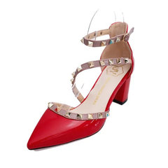 Korean patent leather rivet point thick Heels Sandals with high heels a buckle comfortable hollow singles shoes Thirty-eight gules