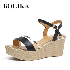Bailika thick bottom slope with sandals in the summer of 2017. All-match high-heeled sandals female buckle Rome word Thirty-eight black