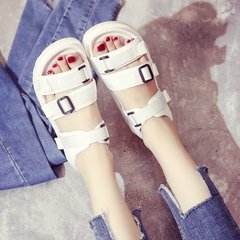 Rome bare toed sandals, women's summer flat beach shoes, 2017 new Korean version of tide shoes, thick bottom magic stickers, hollow women's shoes Thirty-eight white