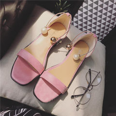 2017 summer new Korean woman with a simple word all-match sandal toe sweet pearl square wave Thirty-eight Pink