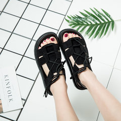 Female student summer sandals leather shoes 2017 all-match summer shoes shoes Rome shoe straps in summer Thirty-eight black