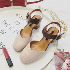 Baotou Korean female student summer sandals 2017 New Retro all-match word buckle high-heeled shoes with thick sandals Thirty-eight Beige