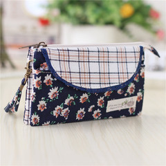 Spring new cross section of hand, carrying 6 inches large screen mobile phone bag, multi layer zero wallet fabric casual female key bag Dark blue plaid flowers