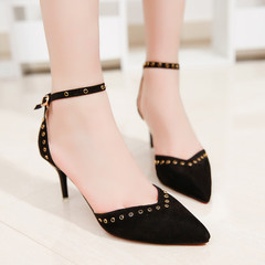 2017 summer fashion new style, simple self-cultivation, suede tip, word buckle, shallow high heel shoes, fine heel female sandals Thirty-eight black