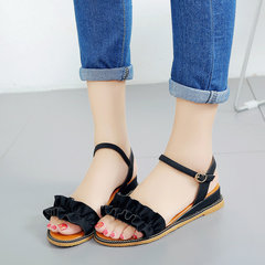 A female with flat sandals summer 2017 new Korean students are all-match flat with simple slope with lotus leaf Thirty-eight black