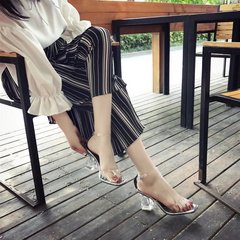 2017 summer sexy high-heeled sandals buckle a square transparent thick with open toe shoes crystal fish mouth shoes Thirty-eight white