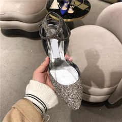 2017 summer sandals female silver thick heels with Mary Jane shoes buckle shoes sequins a word Thirty-eight silvery