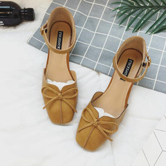 In the summer of 2017 square with a thick high-heeled temperament hollow Bow Shoes female buckle cool Mary Jane shoes Thirty-eight yellow