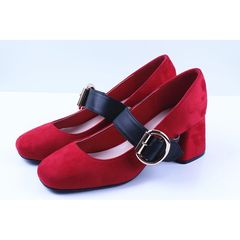 16, autumn and winter catwalk retro, Maryja word buckle thick, with high heels, vintage velvet, documentary shoes, women's shoes Thirty-eight gules