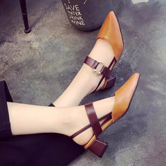2017 new female summer sandals Mary Jane shoes Baotou students all-match word buckle pointed shoes with thick shoes Merchandiser Thirty-eight Light brown
