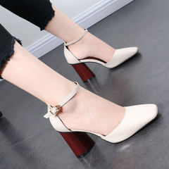 2017 new word buckle shoes all-match shallow mouth color thick with hollow square Baotou women shoe sandals Thirty-eight black