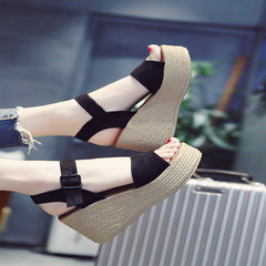 Sandals, summer students, new style slopes and heels, word with thick bottom, fish mouth, suede, waterproof, Taichung and female sandals Thirty-eight black