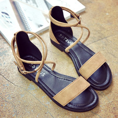 The new summer cross band flip flops and female white Rome wind retro word buckle flat sandals students tide Thirty-eight Khaki