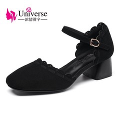 Strong 2017, summer new round head Maryja women's shoes, Baotou frosted coarse heel, women with word buckle sandals, G1 Thirty-four black