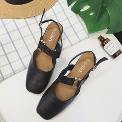A female buckle sandals Baotou Korean retro summer with new rough with the students all-match shallow mouth Maryja shoes Thirty-eight black