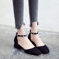 Taking a micro strap sandals female summer new Baotou shallow mouth Mary Jane shoes Rome shoes with coarse female buckle rivet Thirty-eight black