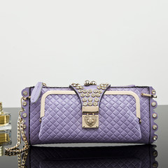 2016 new bag hand bag leather handbag horsehair rhinestones and shoulder bag women bag chain bag Purple Plaid