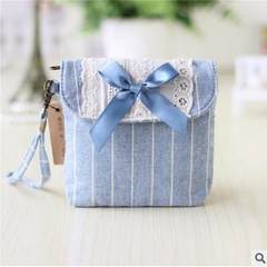 Female health cotton bag zipper cloth towel cloth bag Korean aunt sweet lace Purse Blue stripe