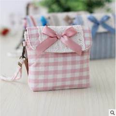 Female health cotton bag zipper cloth towel cloth bag Korean aunt sweet lace Purse Pink Plaid