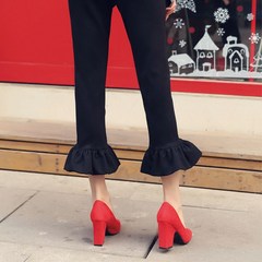 8 cm girl red high-heeled shoes female summer 2017 new square thick with retro shallow mouth students shoes wedding shoes The high take a yard.