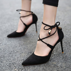 2017 autumn Suede Heels female cross straps tie pointed shoes shoes black female occupation OL fine documentary