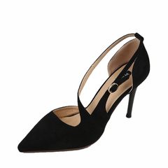 High heels fall 2017 new sexy fashion fine with all-match side empty word buckle shoes Asakuchi Black (suede)