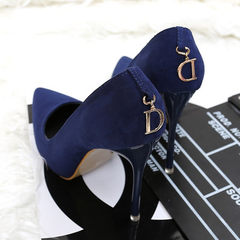 Pointy-headed red wedding shoes, low-cut black high-heeled shoes, women`s stilettos, professional single shoes, sexy and versatile blue (10cm)