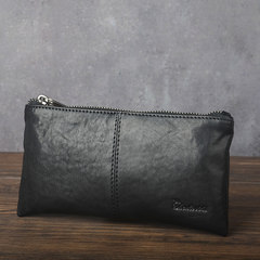 Original vintage leather, men's long wallet, vintage leather, men's small hand bag, simple man's Zipper Wallet Black (in stock)