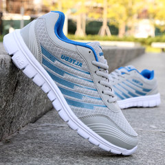 2017 new spring and summer leisure running shoes mesh upper men`s breathable mesh shoes men`s jogging Korean version of the fashionable shoes 46 slightly smaller a yard B42/ gray blue