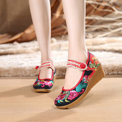 The old Beijing folk style dance shoes embroidered shoes female word buckle shoes 2017 new spring slope documentary high-heeled shoes