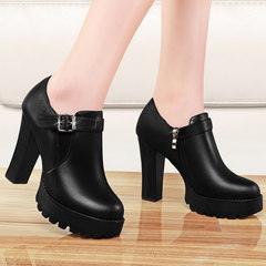 2017, new rough merchandiser shoes, round head spring and autumn shoes, black waterproof platform, deep high heel leather shoes, women's shoes
