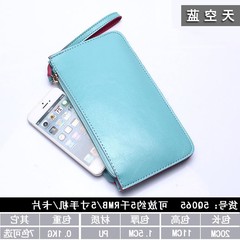 Ms. long female Wallet Zipper Handbag Purse Mini version of South Korea hand bag student mobile phone package thin Sky blue (double deck with wrist straps)