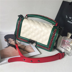 2017 new leather handbag shoulder diagonal cross hand stitching color woven sheepskin small real diamond chain bag Apricot with green braid