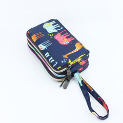 Buy three free packages of postal canvas with three layers of zipper, zero purse, long print, large screen mobile phone, small bag, shallow Tibetan green zoo
