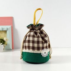 Bundle mouth bag, small fresh art canvas, zero purse, female mobile phone key bag, portable rope bag Green coffee