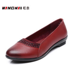 Wangnai spring leather shoes, shallow mouth actress middle-aged mother shoes with flat casual women shoes soft bottom clearance Chinese Red