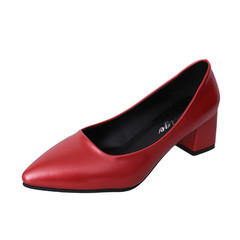 Spring and autumn new single shoes, red high-heeled shoes, pointed with women's shoes, thick and shallow, professional Lo shoes Red light plate -