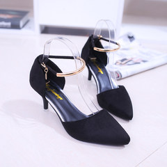 2017, spring and summer sandals, elegant sexy, rivet pointed, high heels, word buckle, shoes, shoes, shoes tide Black 6 cm, one yard larger