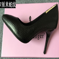 New 2017 spring single shoes, female professional black high-heeled shoes, female fine heel heel pointed shoes female Black snake 7 cm