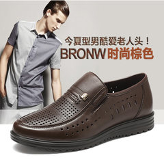 LAORENTOU shoes leather fashion brand Mens loafers breathable round British business dress shoes Brown hollow