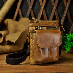 Vintage oil-and-wax leather mobile phone bag with a 7-inch top layer of cowhide bag, single shoulder slanting straddle bag, leisure men`s Fanny pack, yellow and brown cracks