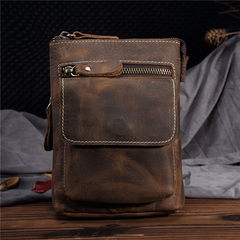 Vintage oil-and-wax leather mobile phone bag with a 7-inch top layer of cowhide bag, single shoulder slanting straddle bag, casual men`s Fanny pack, crazy horse leather bag, dark brown color and leather belt