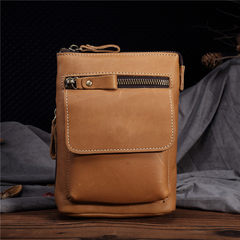 Vintage oil-and-wax leather mobile phone bag with a 7-inch top layer of cowhide bag, single shoulder slanting straddle bag, casual men`s Fanny pack, tree cream, yellow and brown leather shoulder strap