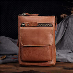 Retro oil-and-wax leather mobile phone bag with a 7-inch top layer of cowhide bag, single shoulder slanting straddle bag, casual men`s Fanny pack, litchi pattern, red and brown leather shoulder strap