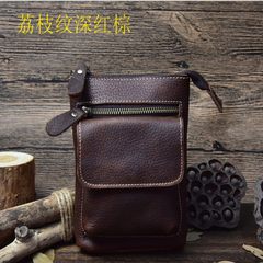 Retro oil-and-wax leather mobile phone bag with a 7-inch top layer of cowhide bag, single shoulder slanting straddle bag, casual men`s Fanny pack, lychee pattern, dark red and brown leather shoulder strap