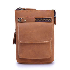 Vintage oil-and-wax leather mobile phone bag with a 7-inch top layer of cowhide bag, single shoulder slanting straddle bag, casual men`s Fanny pack, crazy horse leather yellow and brown leather shoulder strap