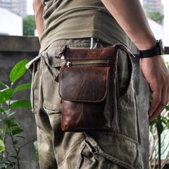 Vintage oil wax leather mobile phone bag 7 inch top layer cowhide small bag single shoulder oblique straddle bag leisure men`s Fanny pack oil wax leather coffee