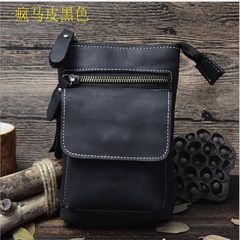 Vintage oil-and-wax leather mobile phone bag with a 7-inch top layer of cowhide bag, single shoulder slanting straddle bag, casual men`s Fanny pack, crazy horse leather black