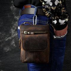 Vintage oil-and-wax leather mobile phone bag with a 7-inch top layer of cowhide bag, single shoulder slanting straddle bag, casual men`s Fanny pack, crazy horse leather, dark brown
