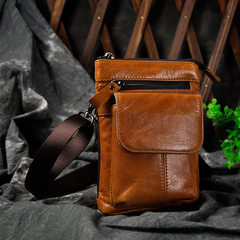 Vintage oil-and-wax leather mobile phone bag 7 inch top layer cowhide small bag single shoulder oblique straddle bag casual men`s Fanny pack oil wax leather brown